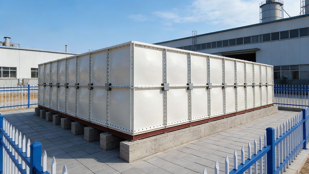 The fiberglass GRP/FRP water tank installation at the chemical plant is complete