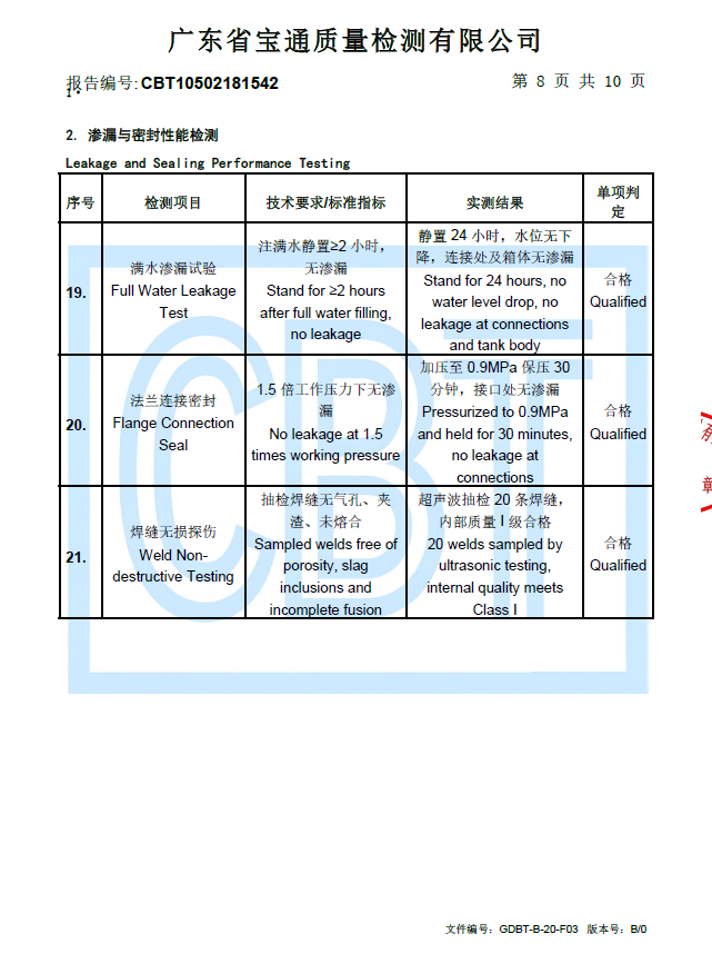 Inspection report of hot-dip galvanized steel water tank