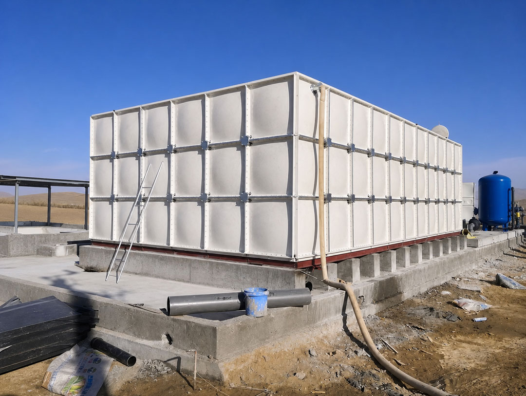 Modular rainwater harvesting tanks store seasonal rainfall to provide reliable water for crop irrigation, greenhouse farming